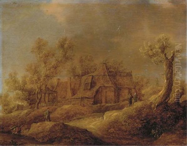 A Wooded Landscape With Figures On A Track Near A Farmhouse Oil Painting by Frans de Hulst