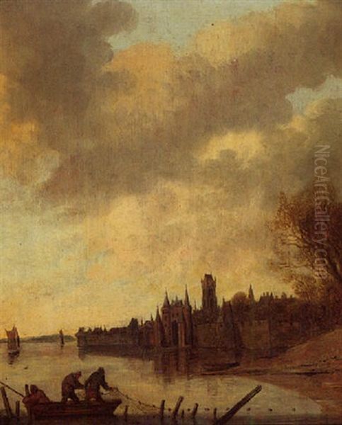 Rivierlandschap Met Stadspoort Oil Painting by Frans de Hulst