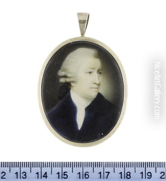 A Gentleman, Wearing Blue Coat, White Chemise And Stock, His Powdered Wig Worn En Queue And Tied With A Black Ribbon Bow Oil Painting by Ozias Humphry