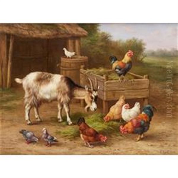 Chickens, Doves And Goats By A Water Butt Oil Painting by Edgar Hunt
