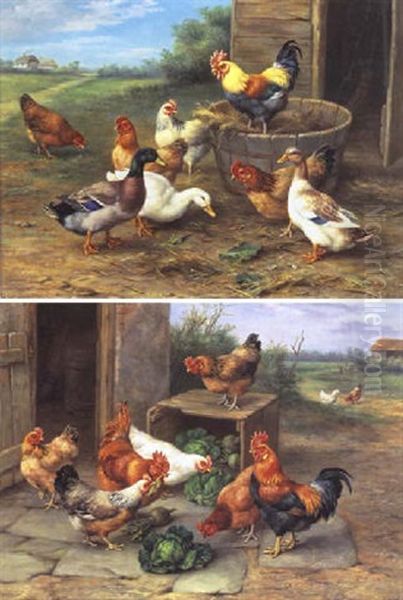 Chikens By A Barn Oil Painting by Edgar Hunt