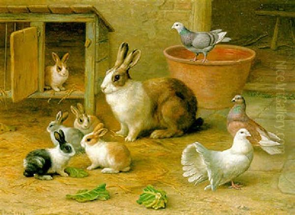 Rabbits, Pigeons And A Dove In A Farmyard Oil Painting by Edgar Hunt