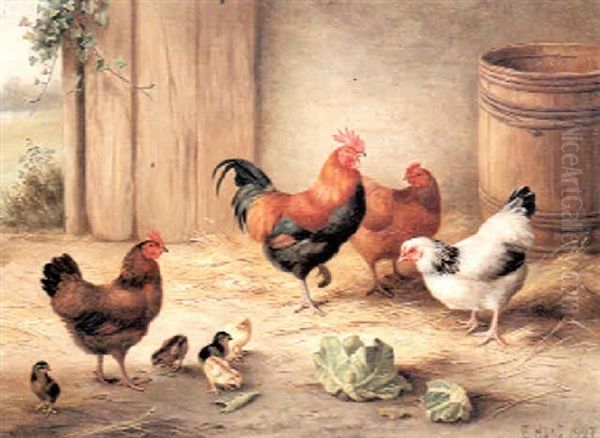 Chickens In A Barnyard Oil Painting by Edgar Hunt