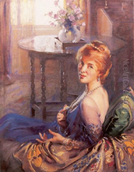 Portrait Of A Lady In Blue Oil Painting by John Young Hunter
