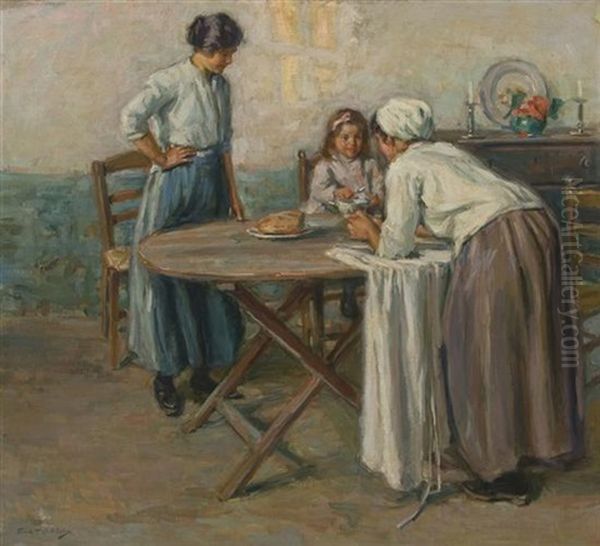 Women In An Interior Oil Painting by Frank Townsend Hutchens