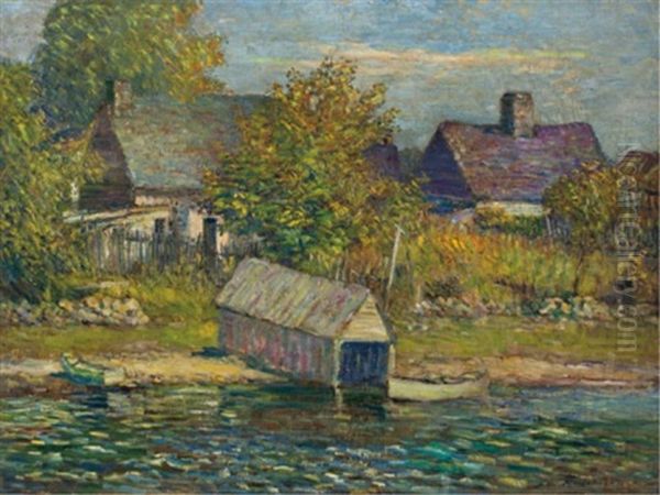 Old Boathouse Near Oka Oil Painting by Frederick William Hutchison