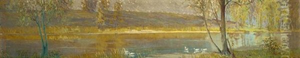 Ducks Near The River Shore Oil Painting by Frederick William Hutchison