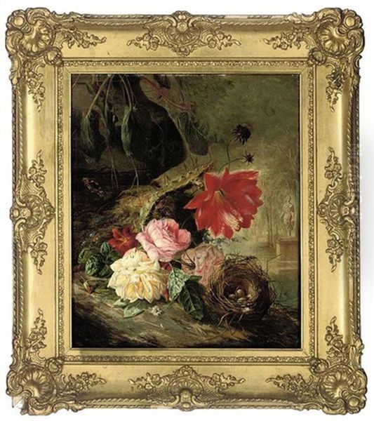 Roses, Primrose, Cactus Flower, And A Bird's Nest On A Mossy Bank, With A Classical Statue Beyond Oil Painting by Francois Joseph Huygens
