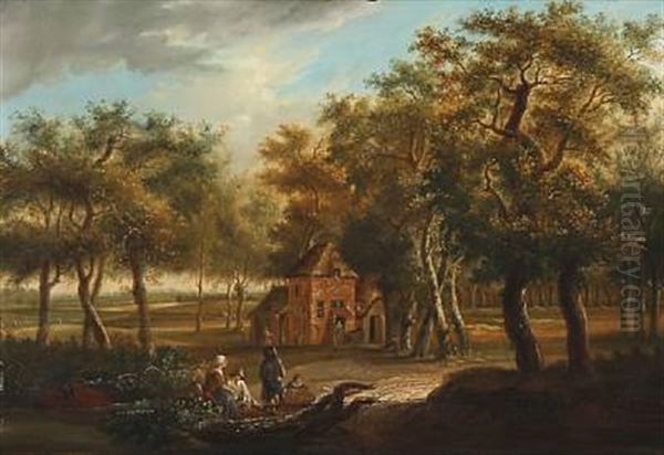 Wooded Landscape With Four Figures Sitting In The Foreground, Several Others Carrying Out The Day's Work In And Around A Cottage In A Clearing Oil Painting by Jan Baptist Huysmans