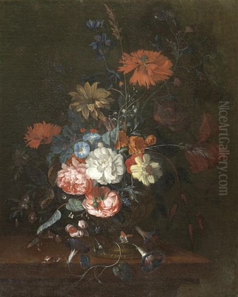 Roses, Morning Glory, Poppies And Other Flowers In A Terracotta Urn Oil Painting by Justus van Huysum the Elder