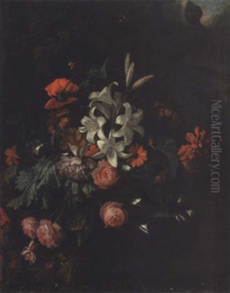 Roses, Lilies, A Poppy, Morning Glory And Other Flowers In A Basket On A Ledge Partly Draped With A Carpet Oil Painting by Justus van Huysum the Elder