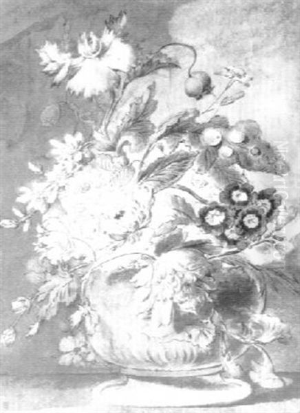A Vase On A Ledge With Peoniesauricula And Morning Glory Oil Painting by Jan Van Huysum