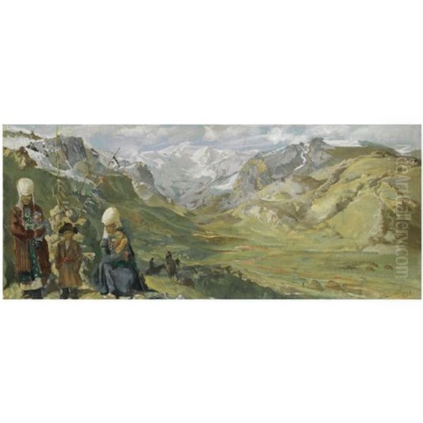 Kirghiz Women And Their Children In The Himalayas Oil Painting by Alexander Evgenievich Iacovleff