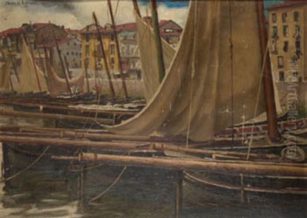 Barcos En El Puerto Oil Painting by Julian Ibanez de Aldecoa