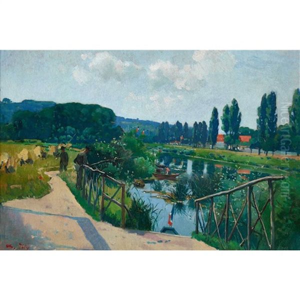 Sommerliche Flusslandschaft Mit Anglern Oil Painting by Jean Daniel Ihly