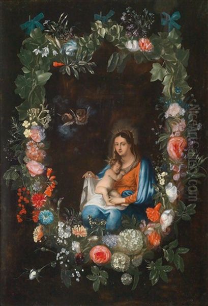 Madonna Mit Kind In Einem Blumenkranz Oil Painting by Catharina Ijkens