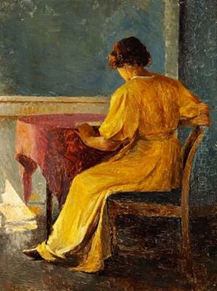 Interior With A Woman In A Yellow Dress At A Table Oil Painting by Peter Vilhelm Ilsted