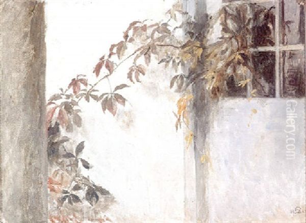 Voksende Vildvin Pa En Hvidkalket Vaeg. Parti Fra Liselund Oil Painting by Peter Vilhelm Ilsted