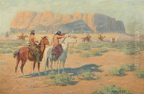 Attack On The Wagon Train Oil Painting by Joseph A. Imhof