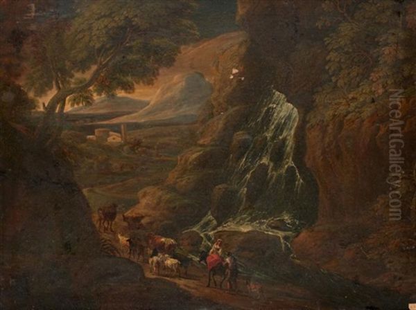 Couple De Paysans Conduisant Leur Troupeau Pres D'une Cascade Oil Painting by Philippe-Augustin Immenraet