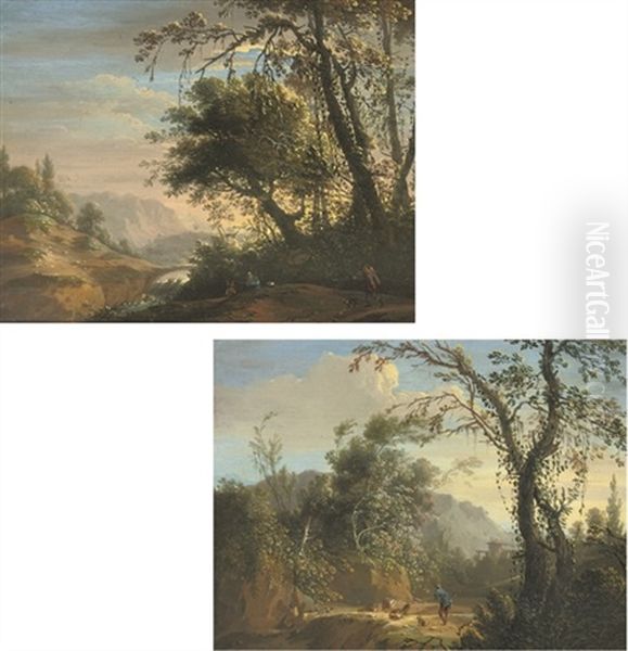 An Italianate River Landscape With Travellers (+ An Italianate Landscape With A Shepherd And His Flock; Pair) Oil Painting by Philippe-Augustin Immenraet