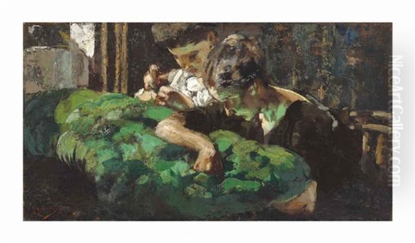A Woman And Child Sewing Oil Painting by Vincenzo Irolli