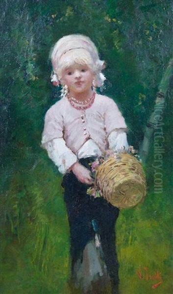 La Bambina Con Cestino Oil Painting by Irolli Vincenzo