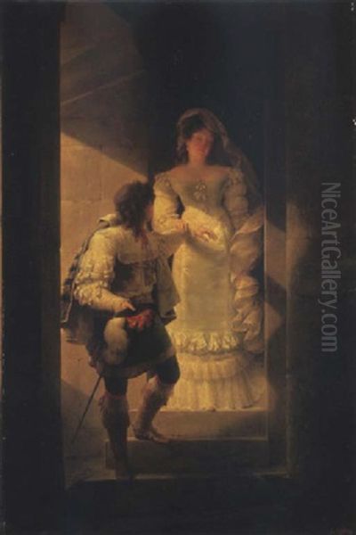 Un Couple Descendant L'escalier De La Tourelle Du Chateau D'harcourt Oil Painting by Jean-Baptiste Isabey