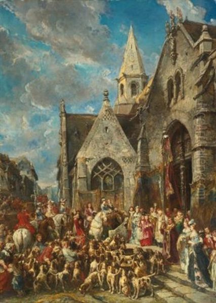 St. Hubert's Day (the Blessing Of The Hounds) Oil Painting by Louis-Gabriel-Eugene Isabey