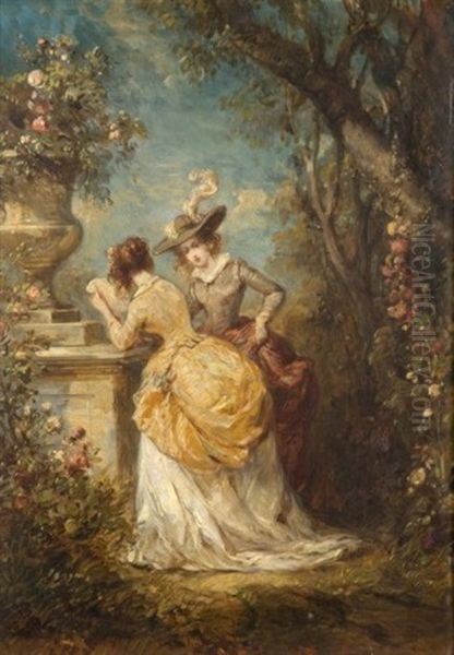 Deux Elegantes Lisant Une Lettre Dans Un Parc Oil Painting by Louis-Gabriel-Eugene Isabey
