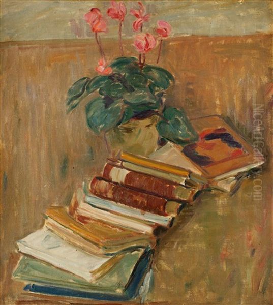 Stilleben Med Blommor Och Bocker Oil Painting by Karl Isakson