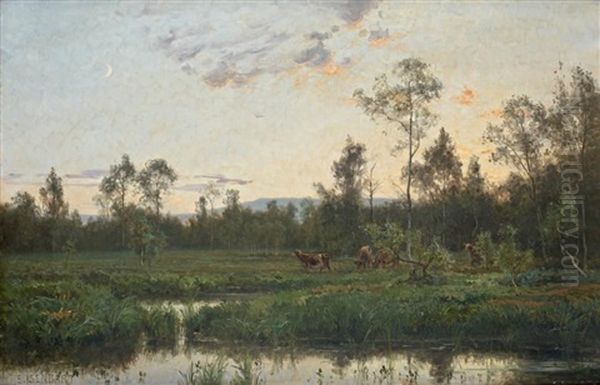 Vaches A L'abreuvoir, Crepuscule Oil Painting by Marie-Victor-Emile Isenbart