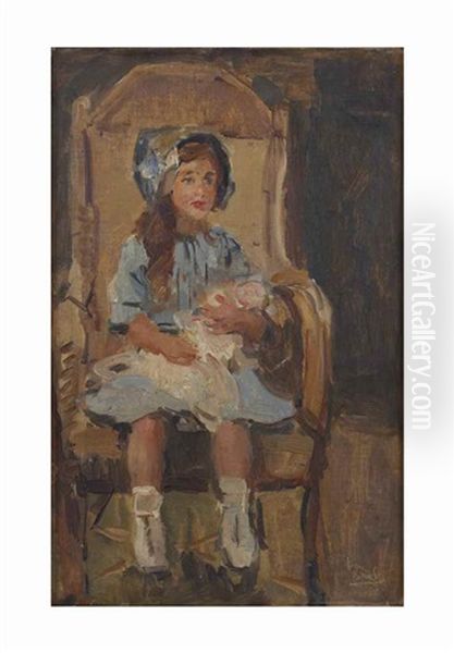Girl In Blue With A Doll Oil Painting by Isaac Lazarus Israels