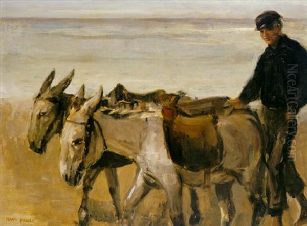A Donkey Driver With Donkeys On Scheveningen Beach Oil Painting by Isaac Israels