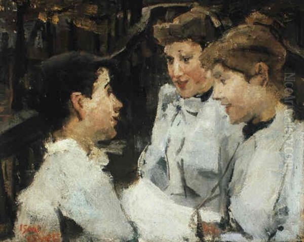 Three 'waspitten' On A Bridge Oil Painting by Isaac Israels