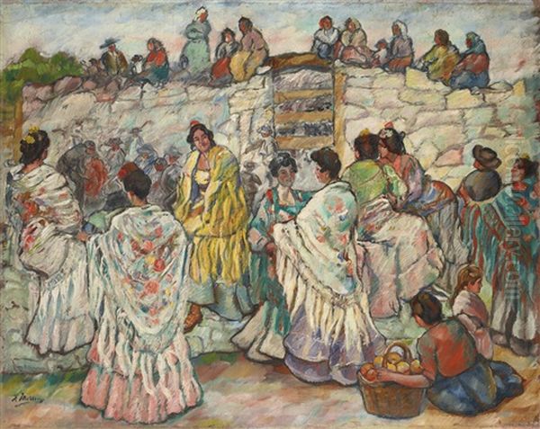 Manolas Outside The Bullring Oil Painting by Francisco Iturrino