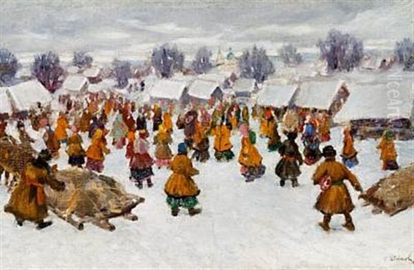 Streetlife Outside A Snow Clad Village Oil Painting by Sergei Ivanov