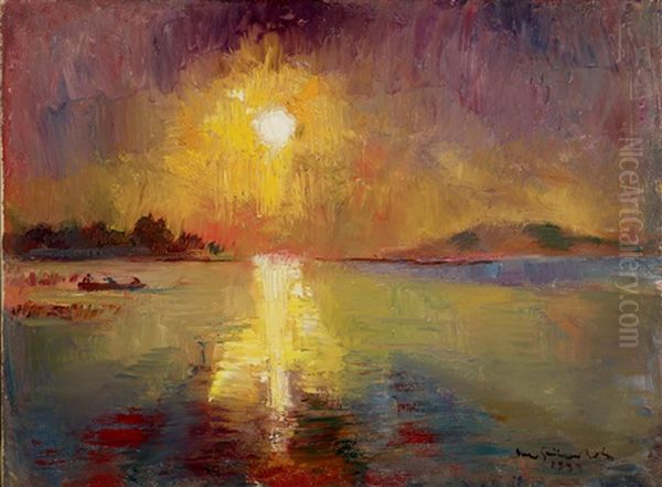 Lights On Lake Balaton Oil Painting by Bela Ivanyi Gruenwald