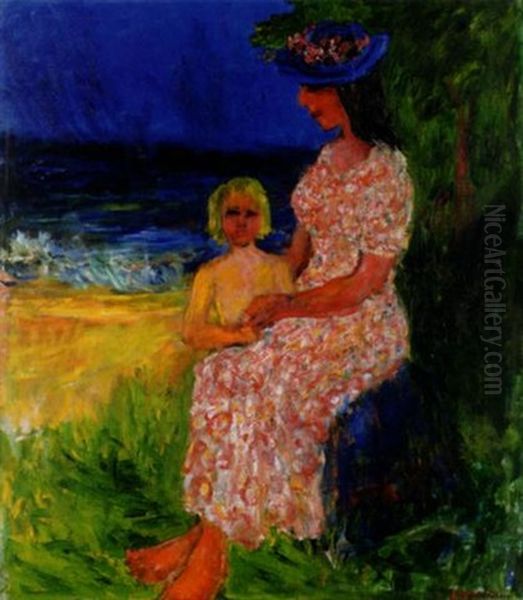 Mor Och Barn Vid Havet, Stenungson Oil Painting by Ivan Ivarson