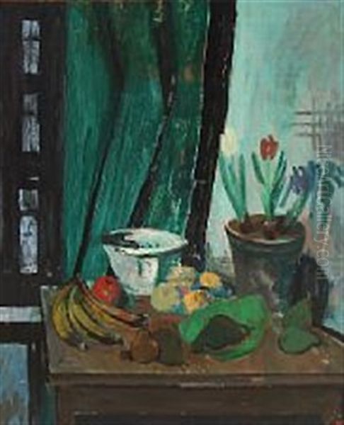 Still Life With Fruit And Tulips On The Table Oil Painting by Kraesten Iversen