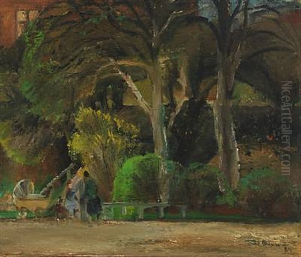 People In A Park (+ Study Of A Model, Verso; 2 Works) Oil Painting by Kraesten Iversen