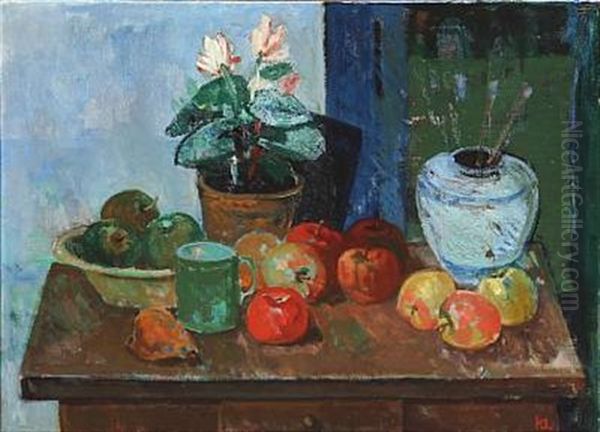 Still Life With A Potted Plant, Fruit And A Bojan On A Table Oil Painting by Kraesten Iversen
