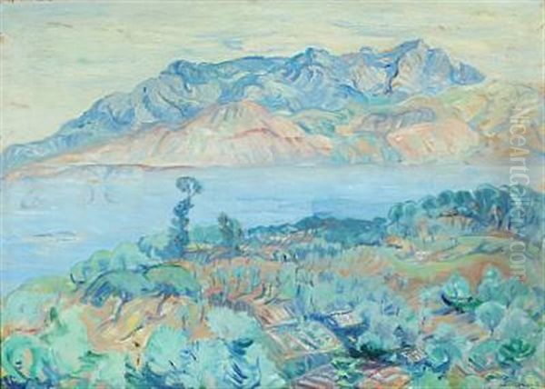 Coastal Scenery From Italy With Mountains In The Rear Oil Painting by Kraesten Iversen
