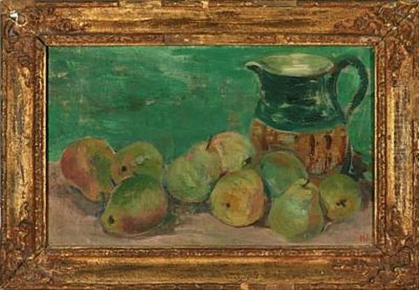 Opstilling Med Brun Kande Og Gronne Aebler Oil Painting by Kraesten Iversen