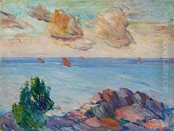 Marine Med Skibe Ud Fra Klippekyst, Bornholm Oil Painting by Kraesten Iversen