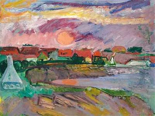Solnedgang Over Byen, Svaneke Oil Painting by Kraesten Iversen