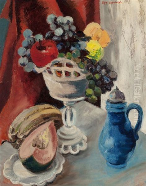 Still Life With Apples, Grapes And Melon Oil Painting by Maria Izquierdo