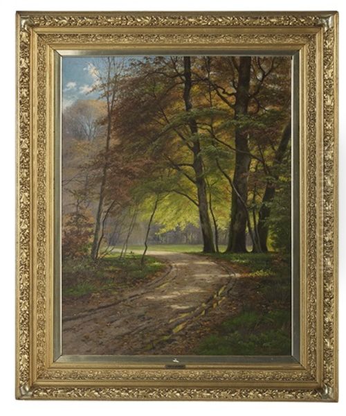 Autumn Woods Oil Painting by August Jacobsen