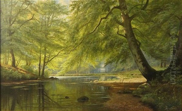 Wooded Landscape With River Oil Painting by August Jacobsen