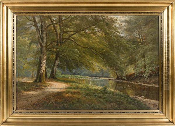 Skogslandskap Med Vattendrag Oil Painting by August Jacobsen